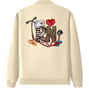 Cream RN Nurse Jacket with Heart and Stethoscope Design